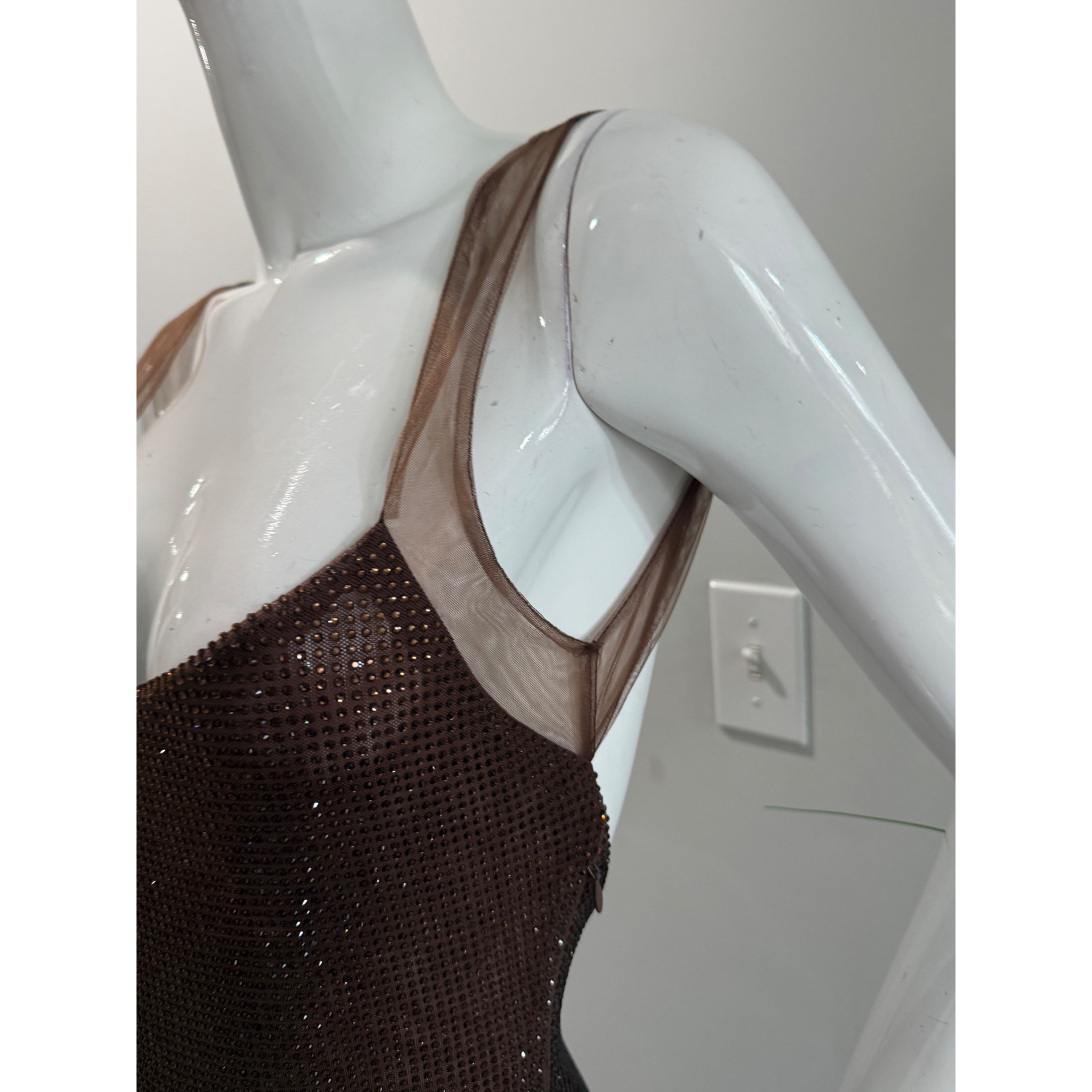 Meshki Jasmyn Chocolate Hot Fix Embellished Mesh Maxi Dress Open Back Size S — image 8 of 8